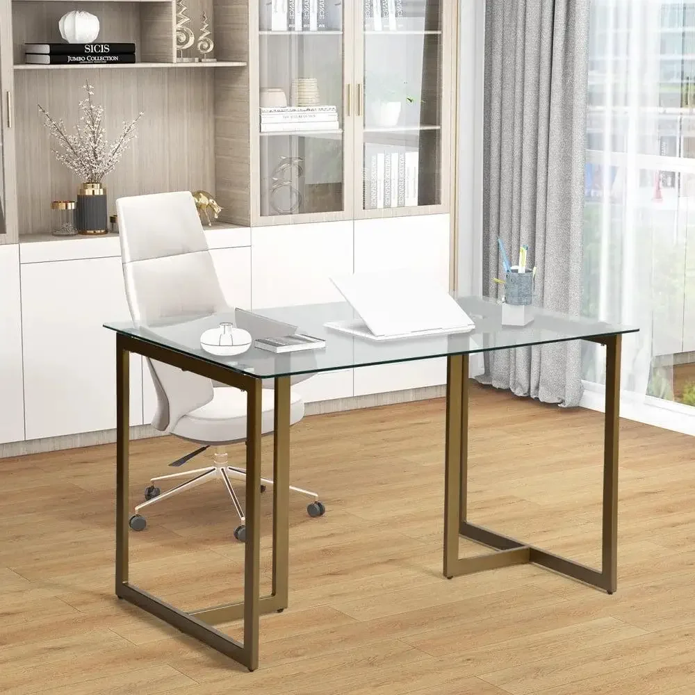 Glass Top Writing Desk Home Office Study Modern Metal Legs Compact Design Ample Leg Room Easy Assembly Elegant Workspace Enhance