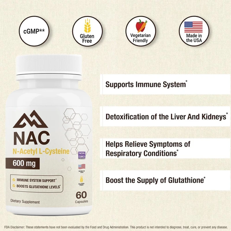 N-acetyl-L-cysteine (NAC) 600mg, supports immune liver health and antioxidant support, 60 vegetarian capsules