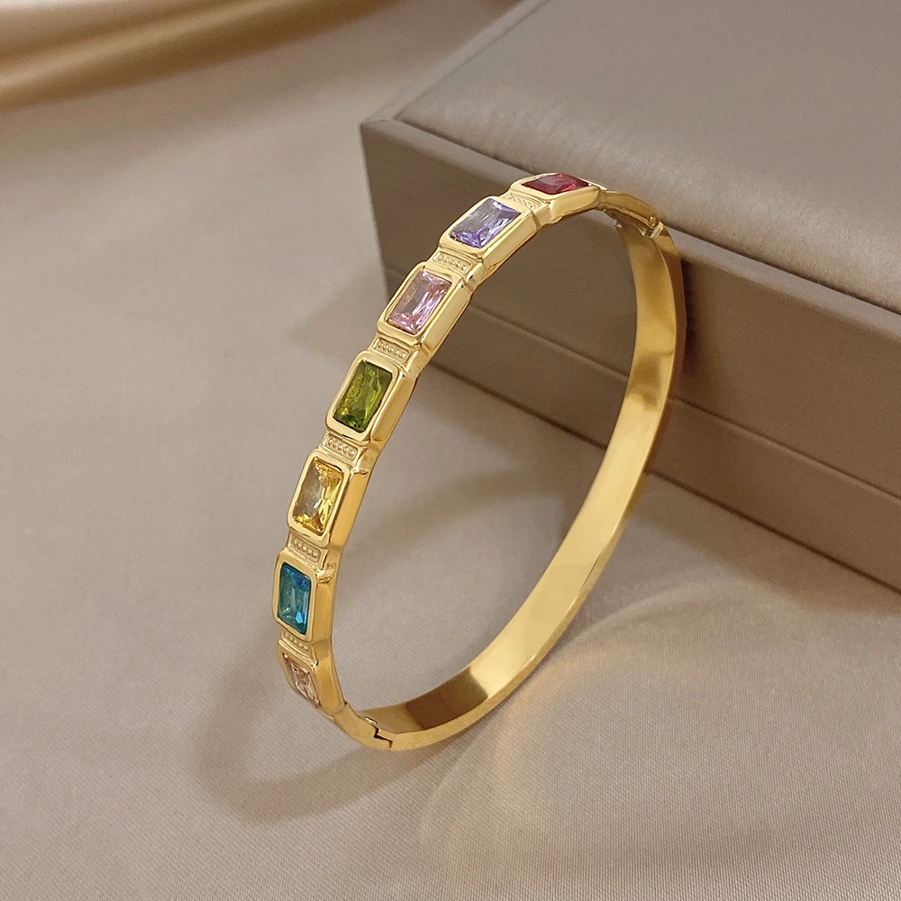 Golden Colorful Rhinestone Inlaid Cuff Bangles For Women Classic High Quality Exaggerate Stacked Original Design Open Bracelet