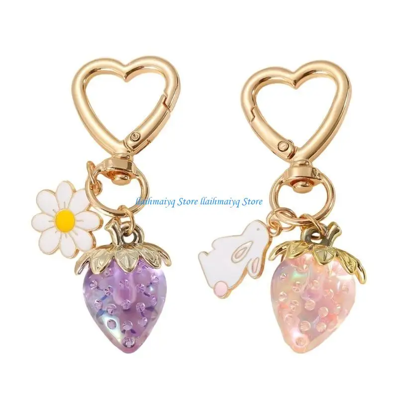 

573B Pair of Strawberry Heart Keychains Floral Rabbit Design Resin Metal Bag Charm for Girls