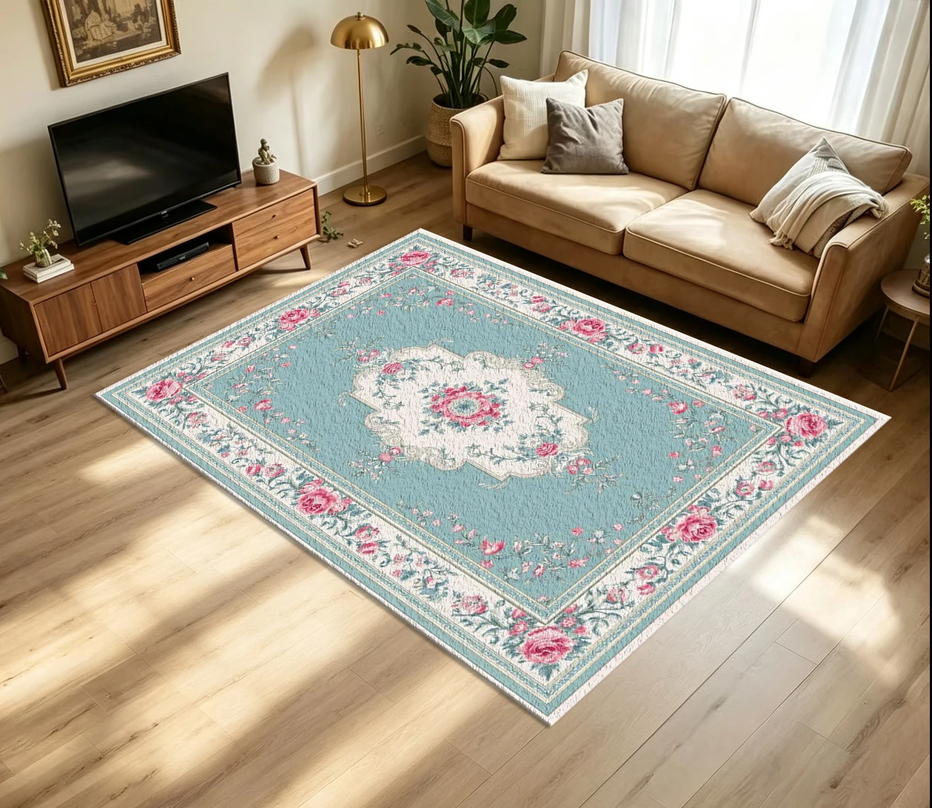 Vintage French Rose Floral Carpet Flooring Mint Green Background Symmetrical Peony Flower Ornate Frame Art Pattern Printed Floor Rug for Household Indoor Elegant Home Decoration