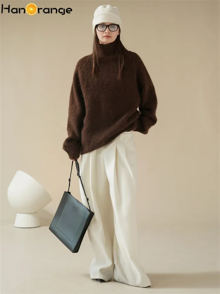 HanOrange 2024 Winter Holiday Feeling Lazy Turtleneck Mohair Sweater Women Warm Wool Top Beige/Coffee/Black