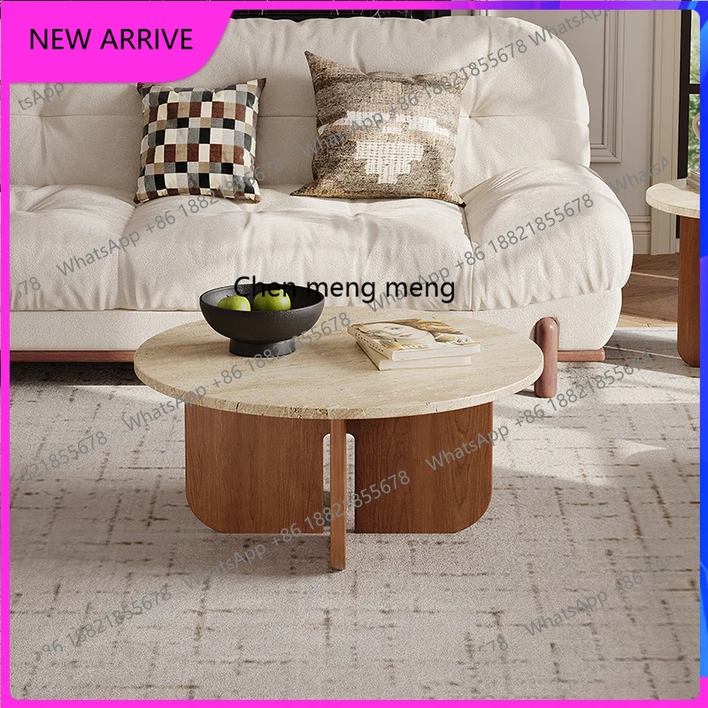 

M78 Solid wood travertine coffee table small apartment living room household small round table retro marble reception low table