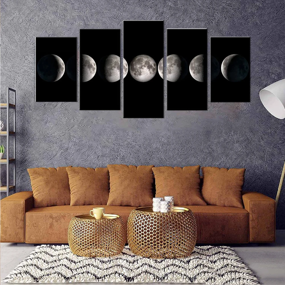 5 Pieces Canvas Wall Art The Moon Phases Poster Decor Print For Living Room Wallpaper Bedroom  Modern Modular Home Decoration