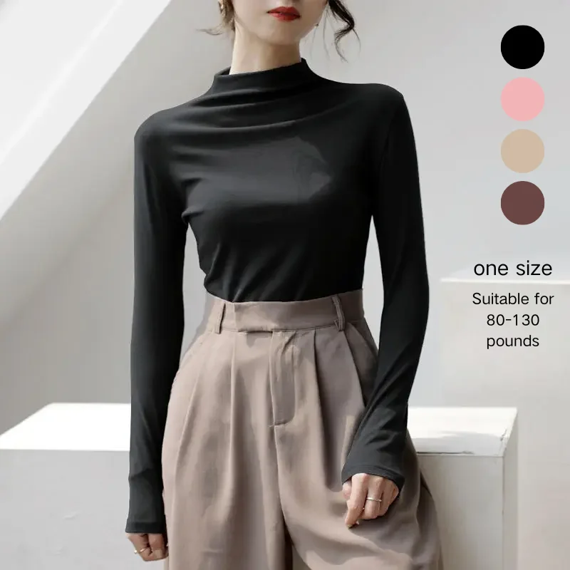 Soft Skin Friendly Mock Neck Long Sleeve T Shirt for Women Autumn Winter Slim Fit Solid Color Base Layer  Seamless Undershirt