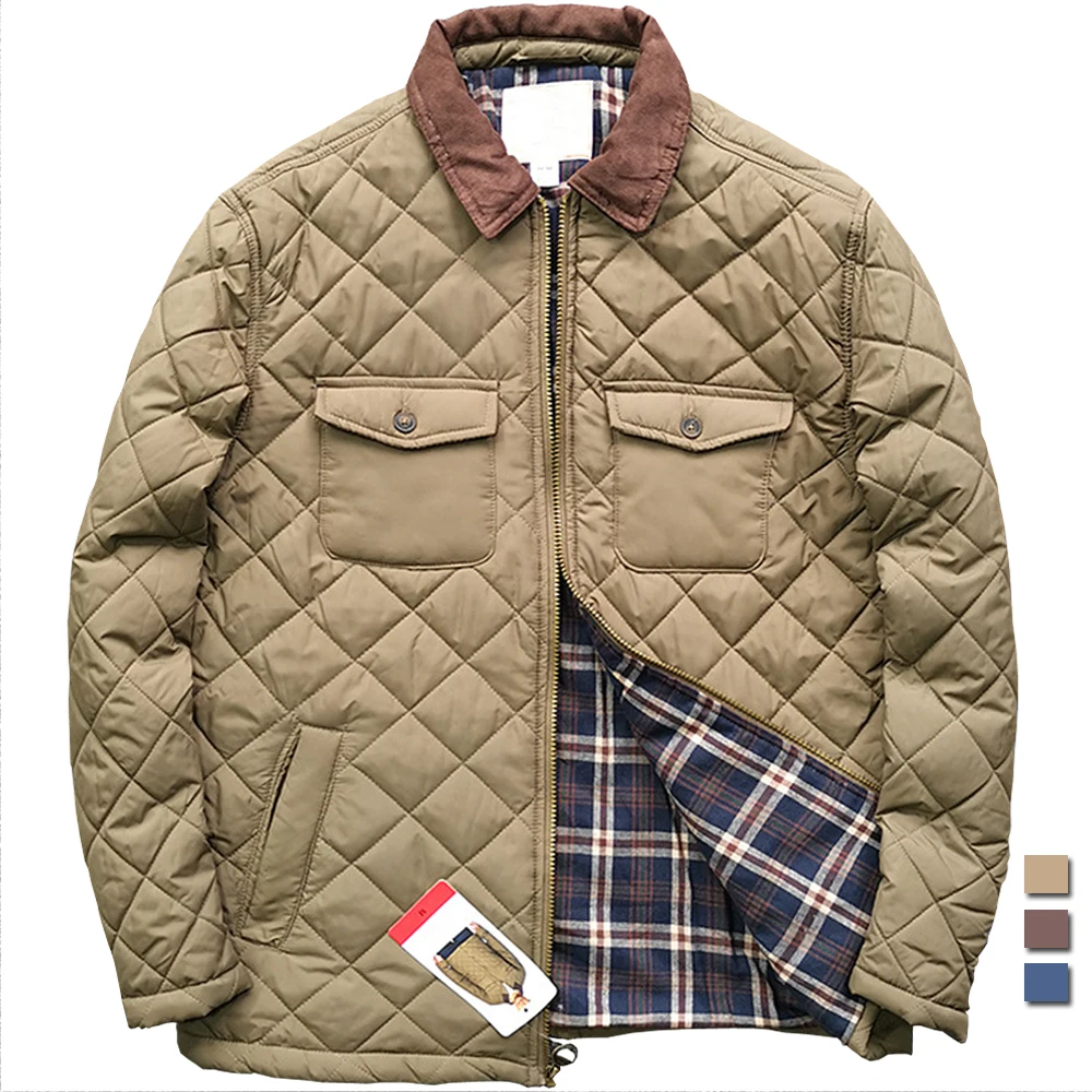 

Vintage Padded Barn Jackets Men Autumn Winter Flannel Lined Quilted Coat Argyle Lapel Waterproof Work Cargo Jacket Casual Pocket