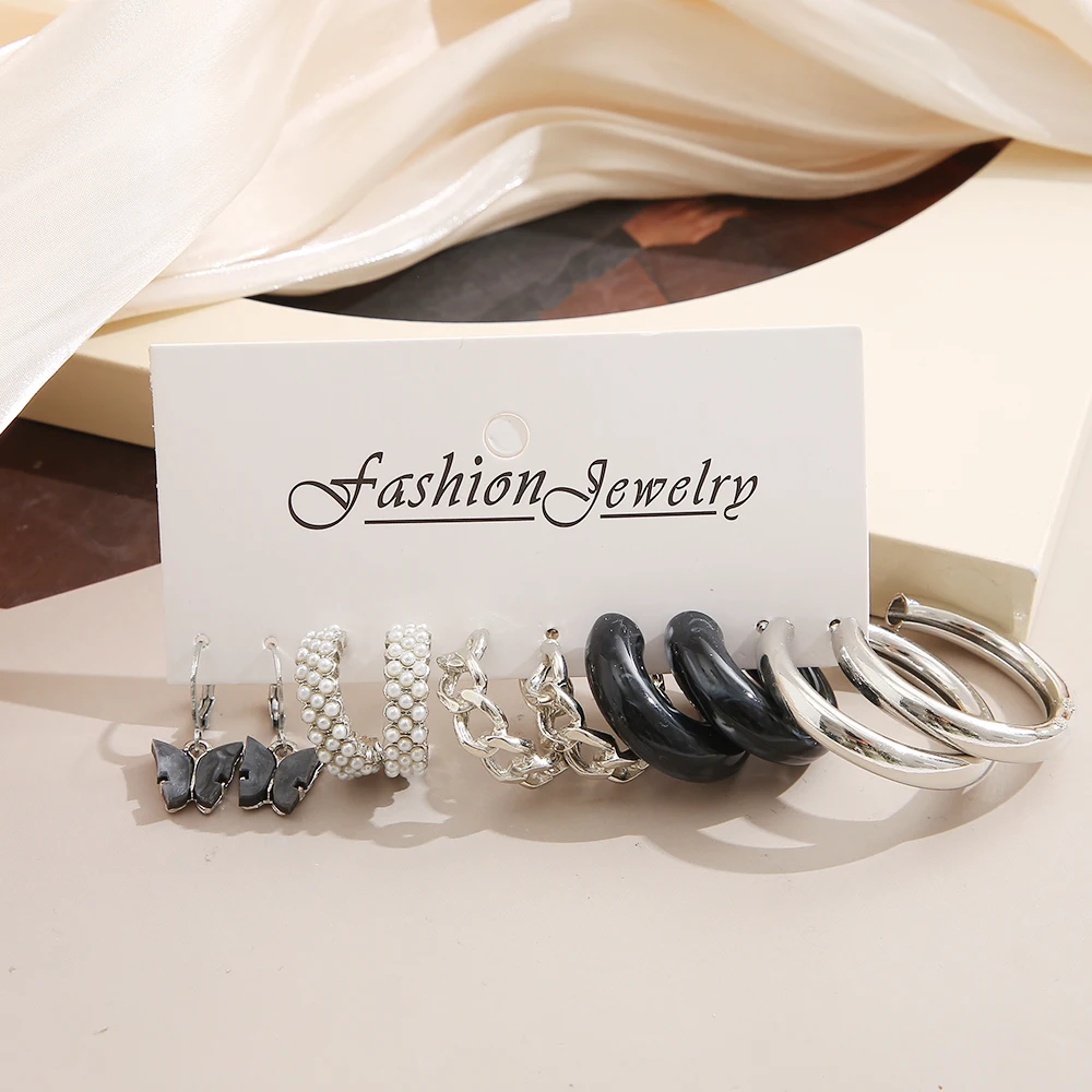 Silver Color Butterfly Pearl Earrings Set For Women Girls Vintage Circle Geometric Resin Twist Hoop Earrings Trendy Jewelry Gift