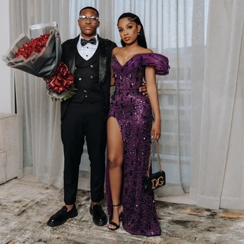 קריסטלים יוקרה חרוזים שמלות ערב סגול aso ebi גבוהה שמלת כלה שני קבלה שמלה שחורה בנות