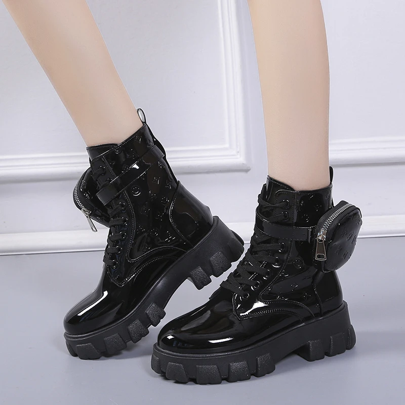 New Women Motorcycle Ankle Boots Wedges Lace Up Short Boots Platform Shoes of Women Pocket Bare Boots 2022 Women\'s Boots Mujer