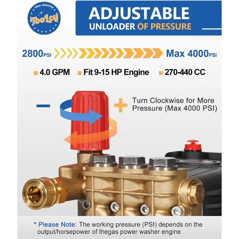 Pressure Washer Pump 3600-4000 PSI Max, Replacement Pump 4 GPM, Triplex Plunger Pressure Pump, Horizontal 1 inch Shaft Gas Power