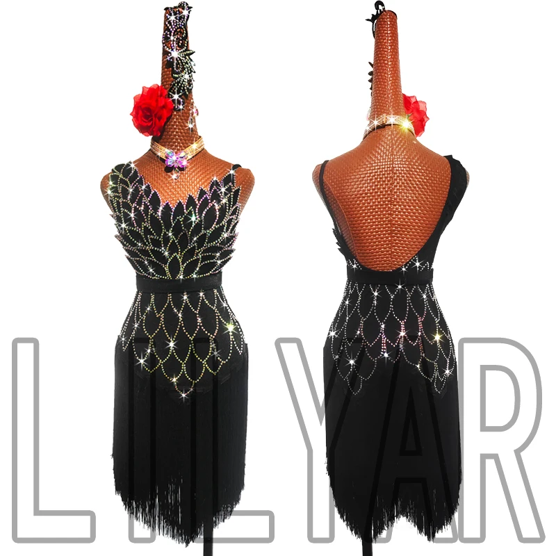 New Latin Dance Performance Competition Performance Clothing Black Tassel Sparkling Diamond Slim High-End Dance Skirt