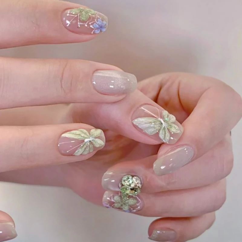 

3D Flower Butterfly Shiny Green Clear Rhinestone Sparkling Cat Eye False Nails Detachable Finished Fake Nails Press on Nails