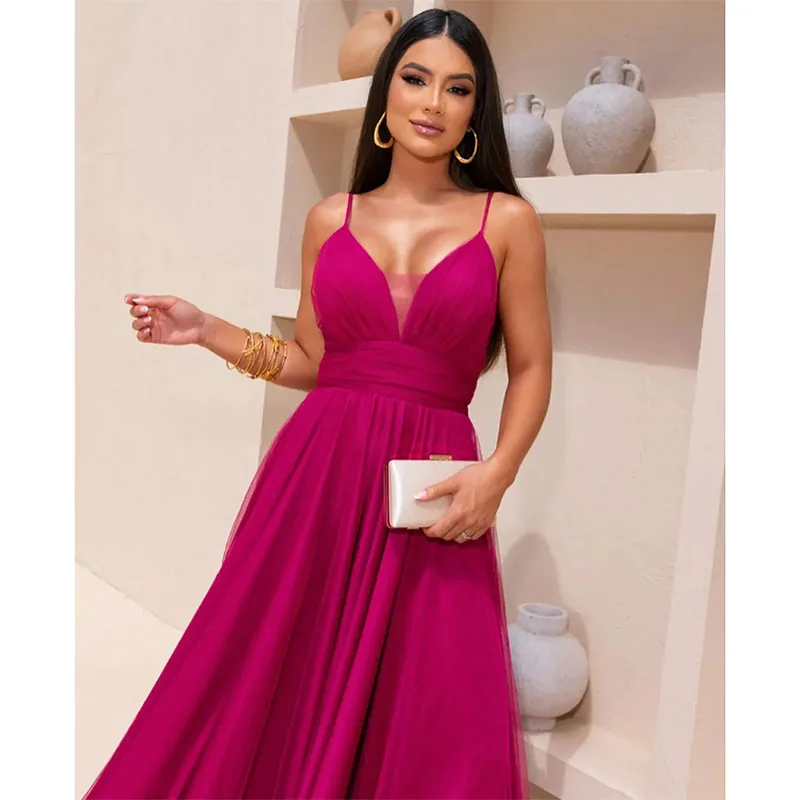 Elegant Long V-Neck Fuchsia Evening Dresses Spaghetti Straps A-Line Tulle Floor Length Backless Prom Dress for Women