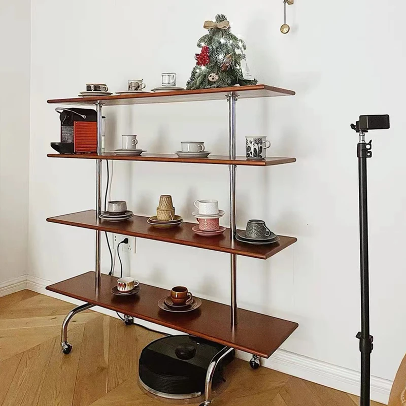 

Medieval designer storage rack Retro multi-layer shelf Floor rack Wheeled trolley Solid wood stainless steel bookshelf