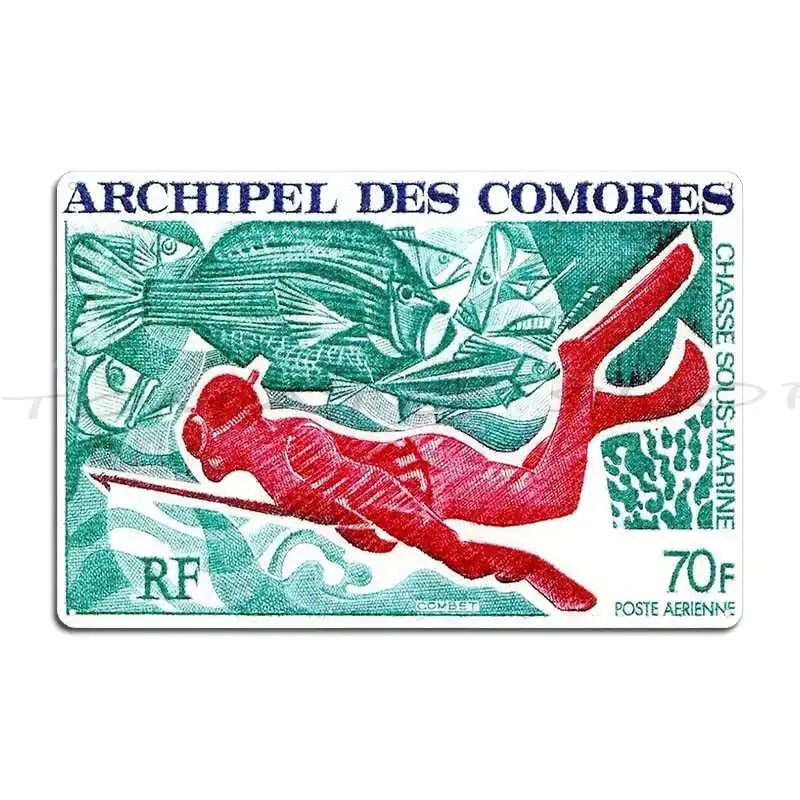 1972 Comoro Islands Spearfishing Postage Stamp Metal Sign Wall Mural Cave Cinema Customize Iron Tin Sign Poster