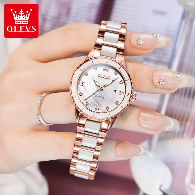 OLEVS 9985 Women Watch Roman Scale Waterproof Calendar Elegant Quartz Watch Ceramic Strap Luxury Original Girl Watch Reloj Mujer