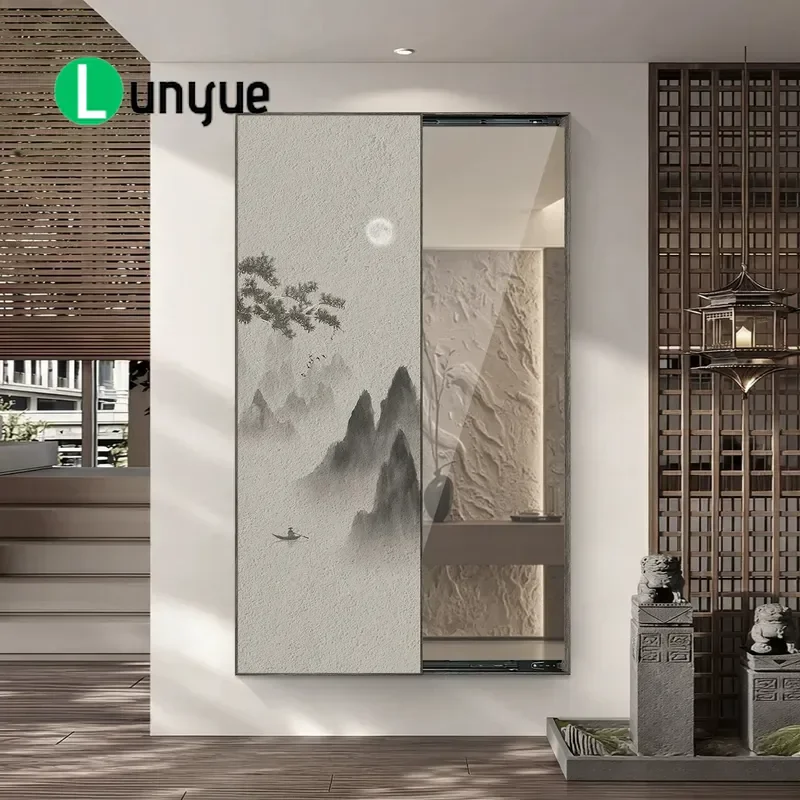New Chinese Style Ink Landscape Hidden Push Pull Full Body Mirror Decorative Painting Wall Hanging Dressing Mirror Space