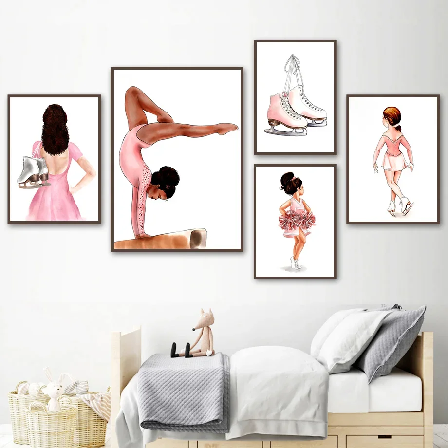 Gymnast Cheerleader Ice Skating Girl Princess Wall Art Canvas Painting Watercolor Sports Posters Prints Kids Room Nursery Decor