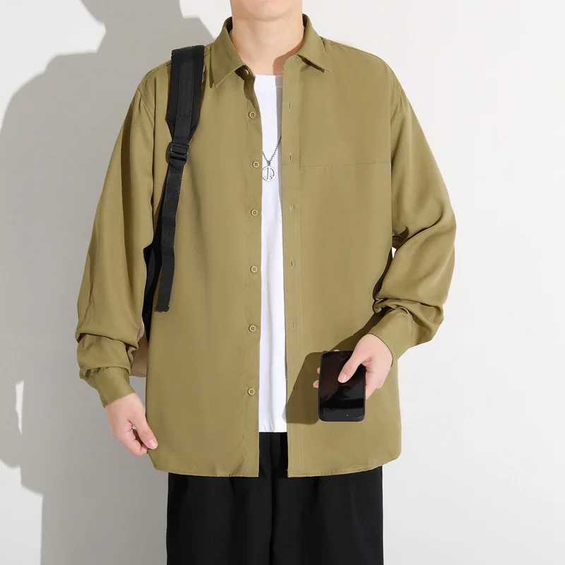 

Khaki Long Sve irt for Men Spring Autumn Trendy Brand Teenage High School Student Faion Outerwear Polyester Fiber Pure...