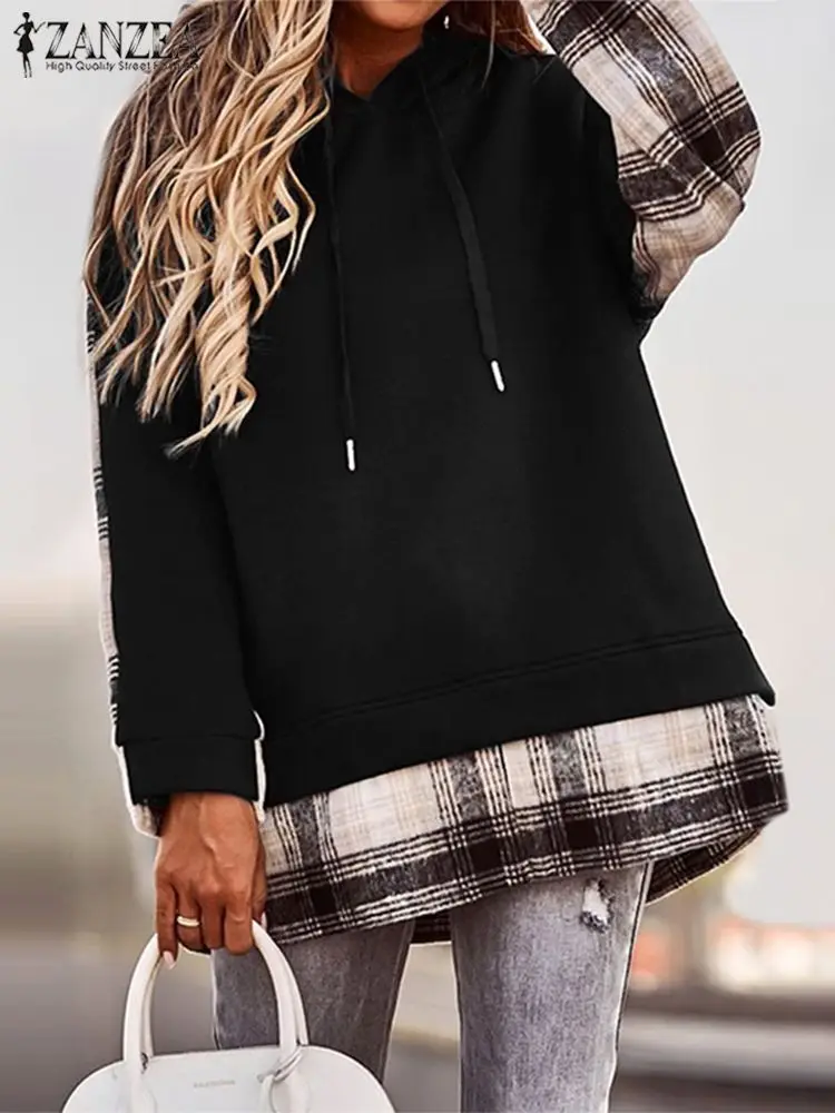 ZANZEA 2024 Winter Warm Women Hoodies Pullovers Autumn Fashion Plaid Patchwork Casual Long Sleeve Loose Hooded Sweatshirts Tops