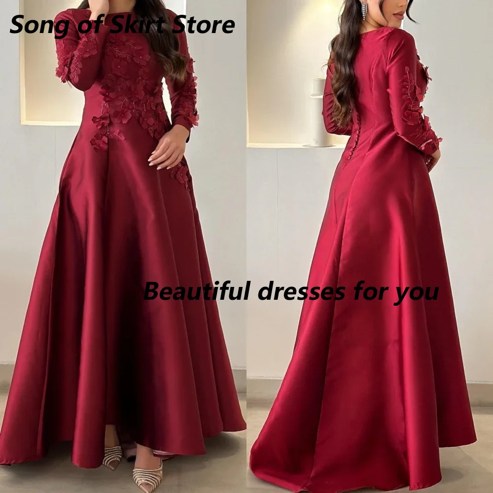 

Customized Elegant Appliques A-Line Evening Dresses Satin Square Neck Long Sleeves Party Dress Pleats Buttons Evening Gown