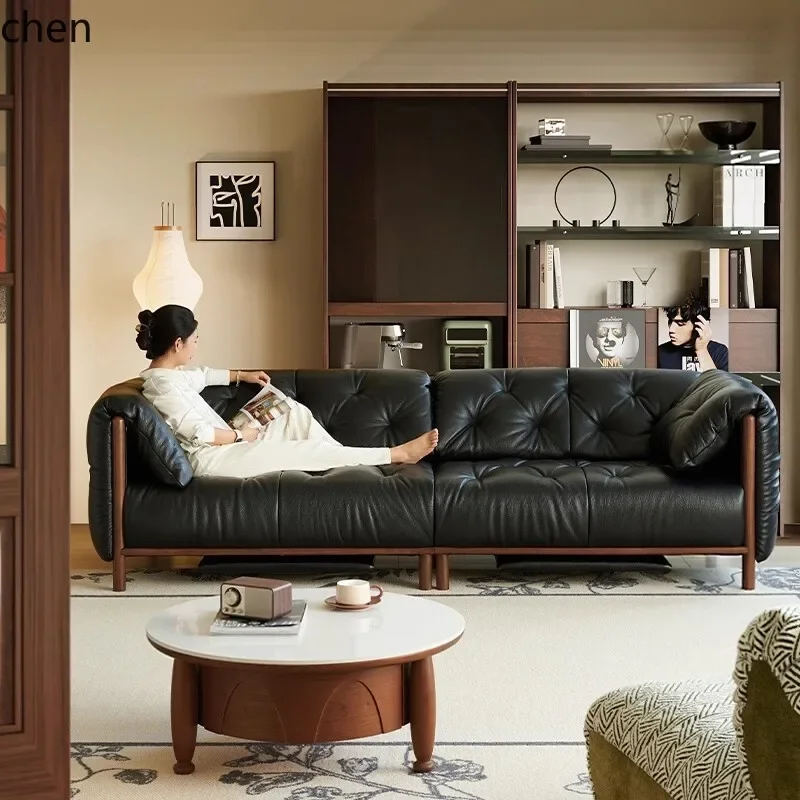 y9.3-retro electric multifunctional black leather sofa - adjustable vintage style