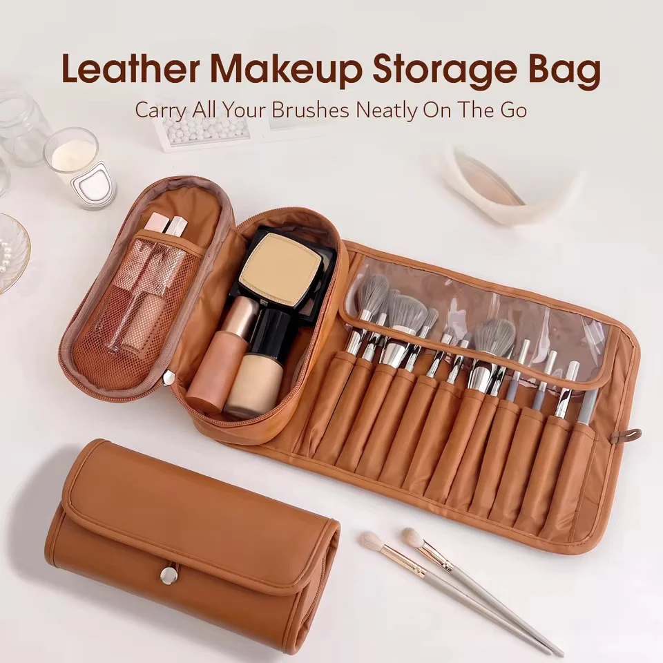 Women's PU Leather Cosmetic Bag Portable Waterproof Makeup Organizer Professional Brush Storage Pouch for Travel Vacation
