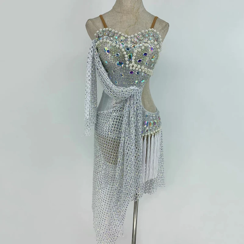 

Латинское танцевальное платье для соревнований, женское, премиум-класса, серебристое, с бриллиантами, для взрослых, для латиноамериканских танцев: румба, чача, самба, стандартные танцы