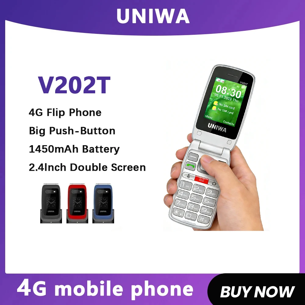 UNIWA V202T Flip Phone Dual Screen Large Button Dual SIM Cards 4G Network Mobile Phone Support Charging Dock For Elderly