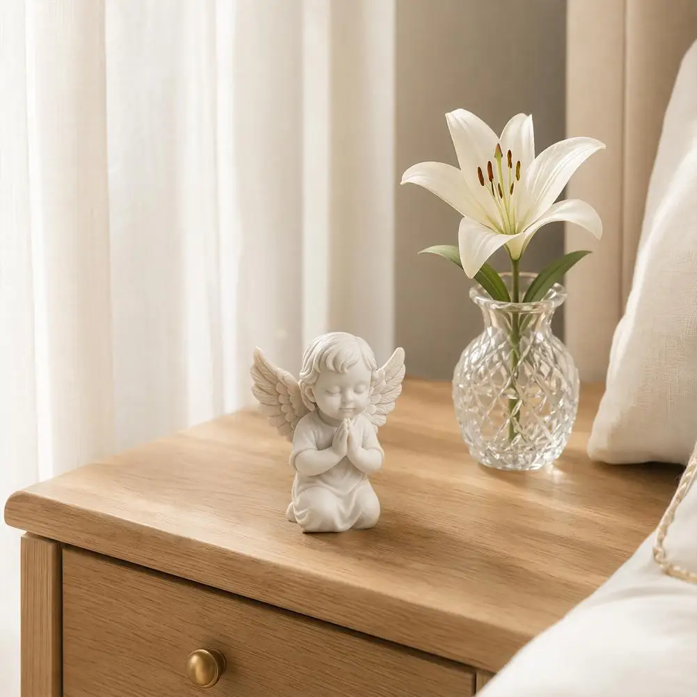 Kneeling Angel Statue 3d Printed Kneeling Angel Figurine Praying Cherub Statue Wings Sculpture for Home Office Indoor Outdoor