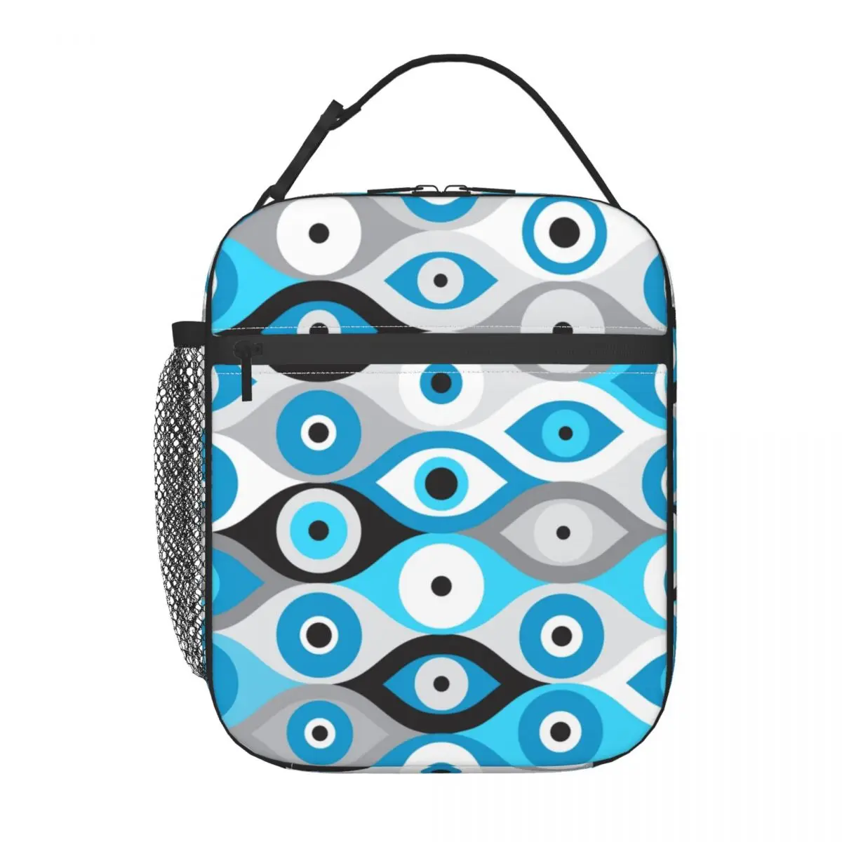 Greek Evil Eye Pattern Blues And Greys Insulated Lunch Tote Bag Nazar Amulet Boho Portable Thermal Cooler Food Lunch Box School