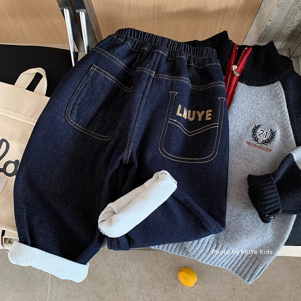 

Kids Baby Boys Jeans New Winter Letter Embroidery Thicken Warm Toddler Boys Demin Pant Casual Mid Waist Little Boys Loose Pant