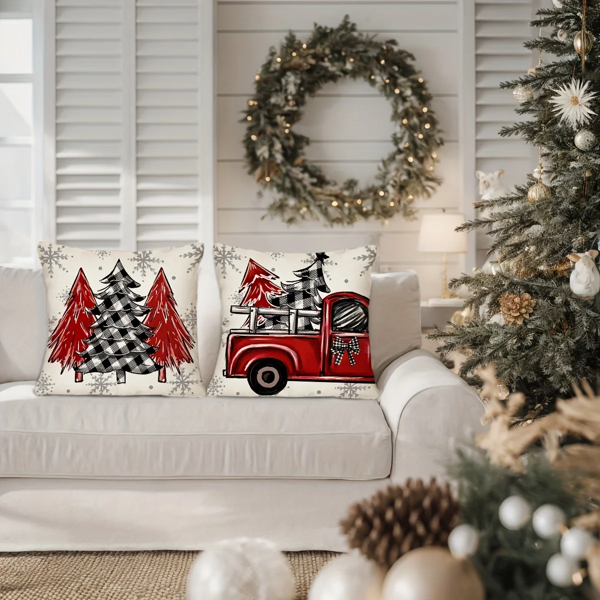 

4-piece set of red Christmas pillowcases: Christmas tree truck winter holiday edition suitable for sofas/living rooms/outdoors