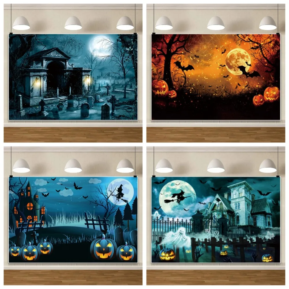 

Halloween Photography Background Spooky House Pumpkin Night Castle Halloween Party Decor Banner Floating Spooky Bat Backdrop