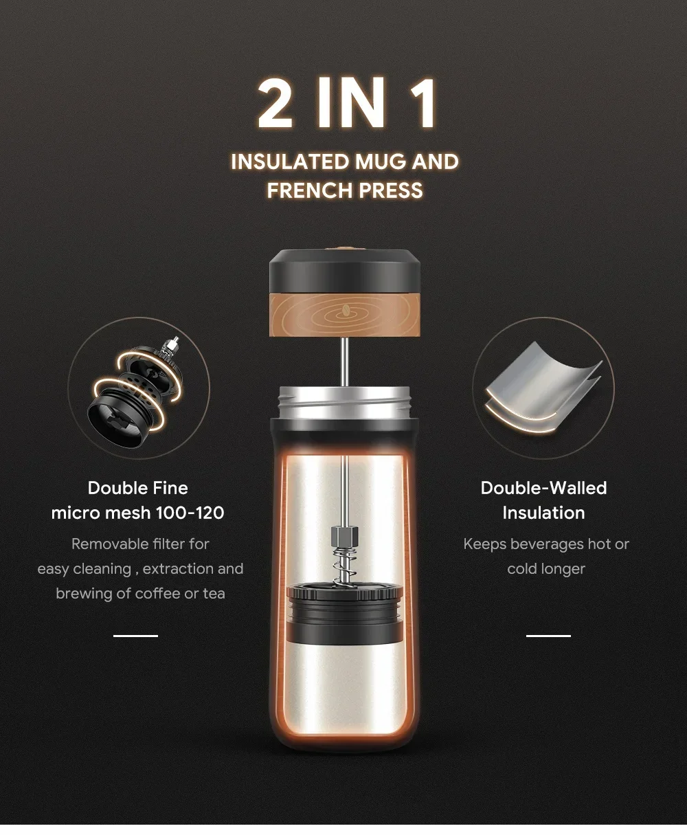 2IN 1 Portable French Press Pot 320ml Travel Coffee Maker Stainless Steel Double-walled Coffee Tea Bottle & Thermo Jug Kettle