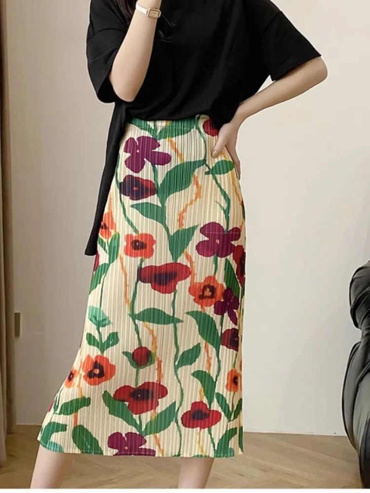 Casual Handmade Pleated  Skirt Versatile Slimming Summer New Style High Waist Polyester Fiber Elastic Straight Cut Skirt