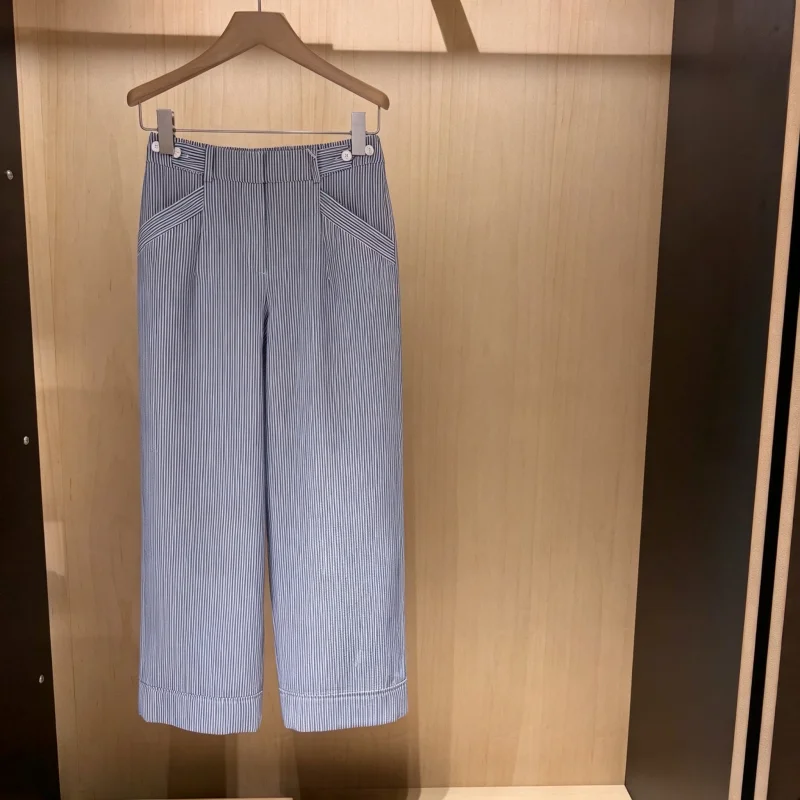 Women Cool Breathable Wide Leg Trousers 2026 Summer Thin Sand Feel Tiny Vertical Stripes Loose Casual Long Pants