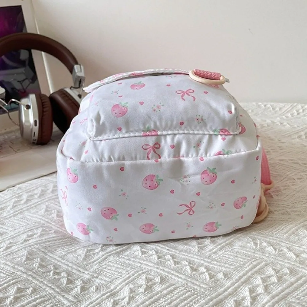 Stylish Lightweight Mini Backpack Strawberry Polyester Bowknot Printed Bag Simple Nylon Daypack Commute