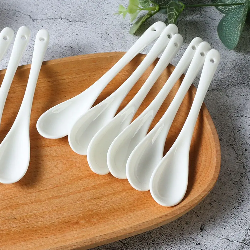 1pc Mini Porcelain Spoons Kitchen Ceramic Tea Coffee Sugar Dessert Spoon Ice Cream Ceramic Flatware Long Handle Spoon Supplies