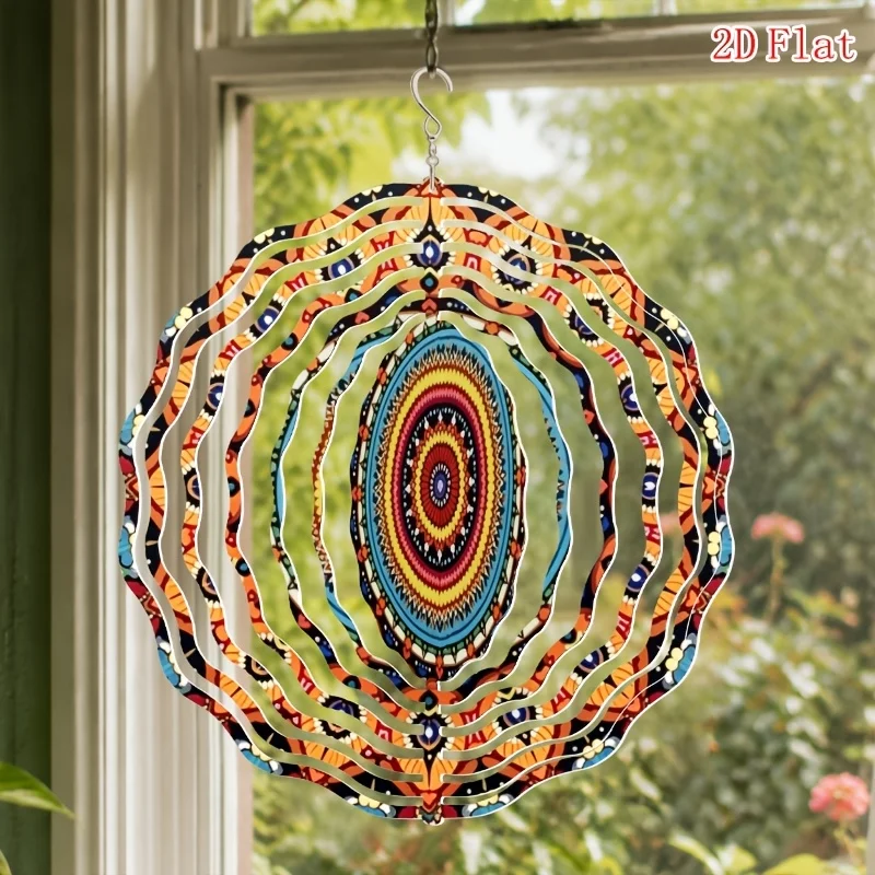 2D Flat Printed Round Wind Chime, Vibrant Mexican Dot Art Eye Mandala Wall Hanging Decor with 360° Swivel Hook