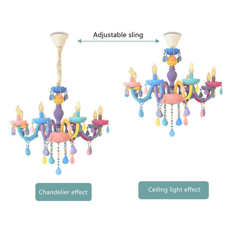 Candelabro de cristal de Color arcoíris, lustres para dormitorio de niños, lámparas de princesa Makaron, accesorio de luz de gota