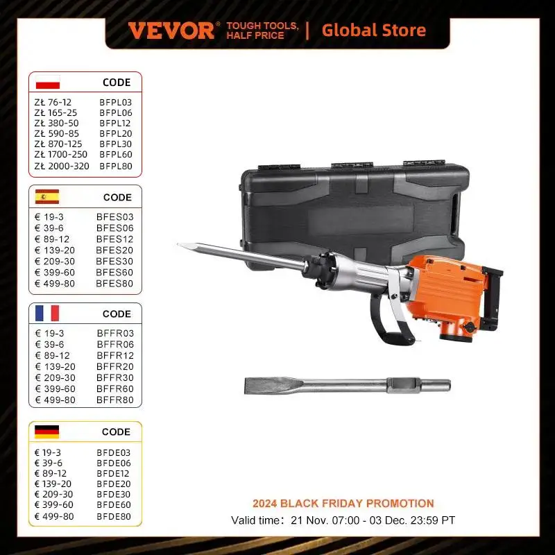 VEVOR Demolition Jack Hammer, 2200W Electric Jackhammer Heavy Duty, 1350 BPM Concrete Breaker, 2pcs Chisels Bit Chipping