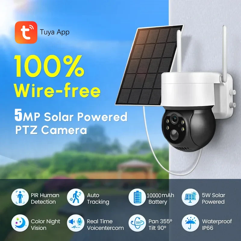 Outdoor WiFi Solar PTZ Surveillance Camera 5MP Tuya Smart Life Wireless Security CCTV Cam with Solar Panel PIR Human Detection