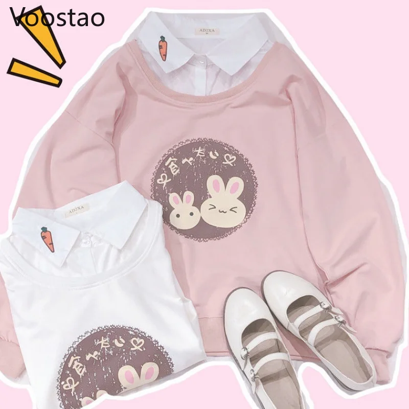 Sweet Loose Lolita Sweatshirt Spring Women Cute Fake Two Pieces Korean Cartoon Rabbit Print Hoodies Girly Autumn Pullover Tops