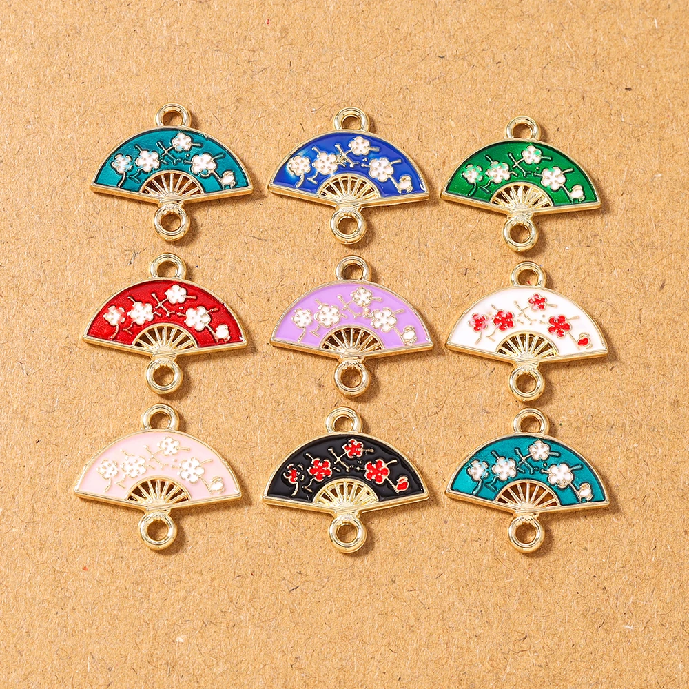 10pcs Enamel Chinese Traditional Fan Charms Pendants for Jewelry Making Necklace Earrings Bracelet DIY Handmade Accessories