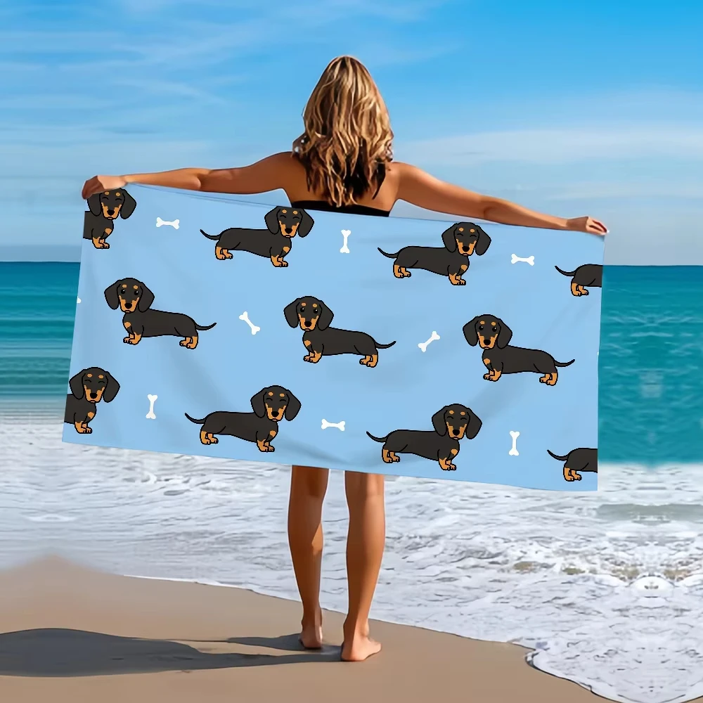 Cartoon Dachshund Pattern Quick Dry Beach Towel Soft Comfortable Skin Friendly Multi-Size Flat Print Design for Pool Camping