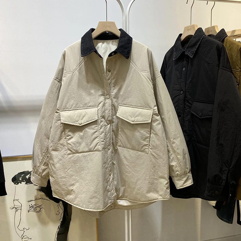 

Loose Lazy Sle Women's Denim Collar Patchwork Cotton Jaet Autumn Winter Thiened Long Sve Collar Coat