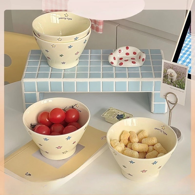 High Aesthetic Star Print Light Yellow Ceramic Bowl Suitable for Serving Soups, Salads, Fruits, and Daily Kitchen Use