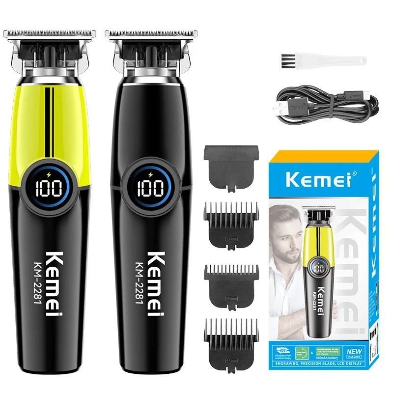 Kemei Barber Cordless Hair Trimmer 0mm Zero Gapped Carving Clipper Detailer Professional Electric Finish Hair Cutting Machine