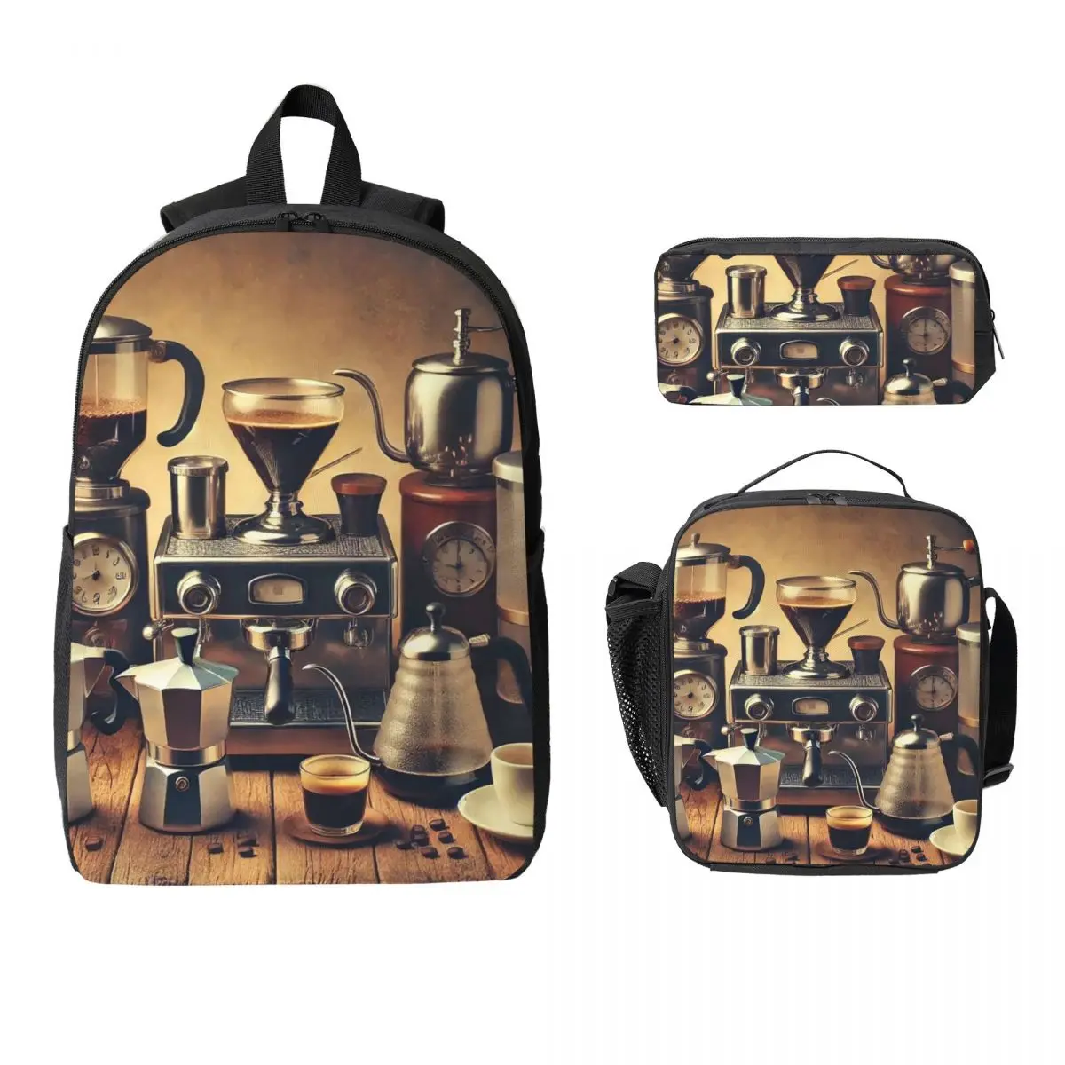 Coffee Machine And Espresso Bar Backpack Kids BookBag School Bag Computer Shoulder Bags 3ps Insulated Lunch Bag Pencil Case